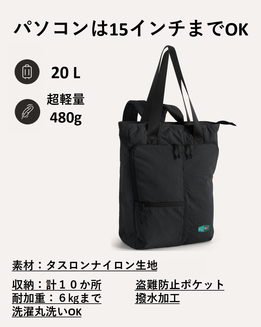 Paz 20Lトートパック | トートとリュックの２WAY | 超軽量480g | 30日返金保証